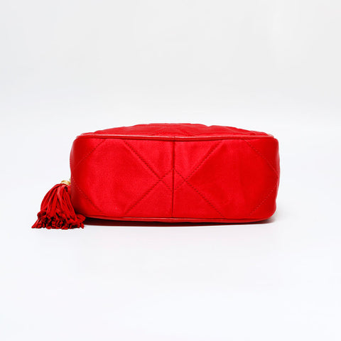 CHANEL 0 series 1986-1988 CC Satin Shoulder Bag Red WS21802