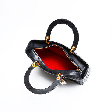 極美品 クリスチャンディオール Christian Dior レディ ディオール ラージ レザー ハンドバッグ ブラック WS21830
