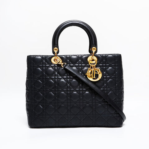 極美品 クリスチャンディオール Christian Dior レディ ディオール ラージ レザー ハンドバッグ ブラック WS21830