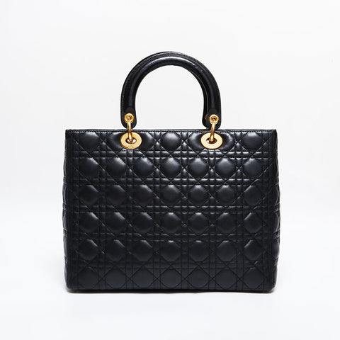 極美品 クリスチャンディオール Christian Dior レディ ディオール ラージ レザー ハンドバッグ ブラック WS21830