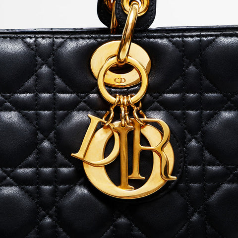 極美品 クリスチャンディオール Christian Dior レディ ディオール ラージ レザー ハンドバッグ ブラック WS21830