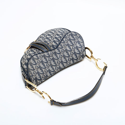 美品 クリスチャンディオール Christian Dior サドルバッグ キャンバス ショルダーバッグ ネイビー WS21839