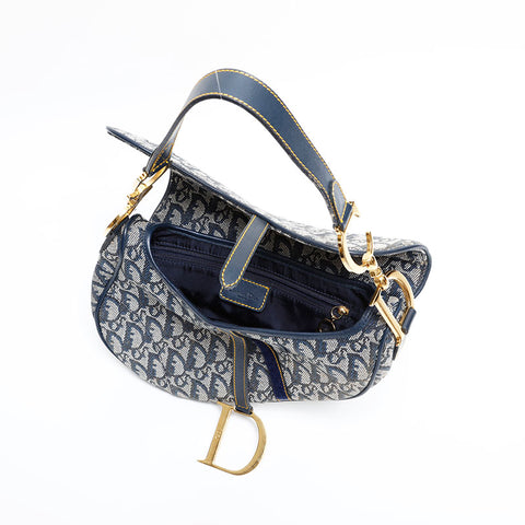 美品 クリスチャンディオール Christian Dior サドルバッグ キャンバス ショルダーバッグ ネイビー WS21839
