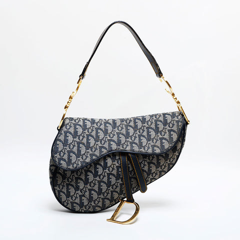 美品 クリスチャンディオール Christian Dior サドルバッグ キャンバス ショルダーバッグ ネイビー WS21839