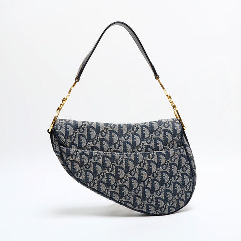 美品 クリスチャンディオール Christian Dior サドルバッグ キャンバス ショルダーバッグ ネイビー WS21839