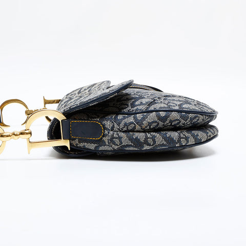 美品 クリスチャンディオール Christian Dior サドルバッグ キャンバス ショルダーバッグ ネイビー WS21839