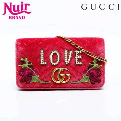 GUCCI Velour GG Marmont Mini Flap Bag with Embroidered Chain Shoulder Bag pink WS21862