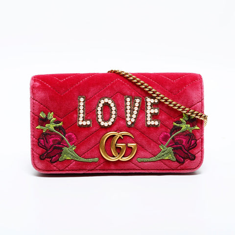 GUCCI Velour GG Marmont Mini Flap Bag with Embroidered Chain Shoulder Bag pink WS21862
