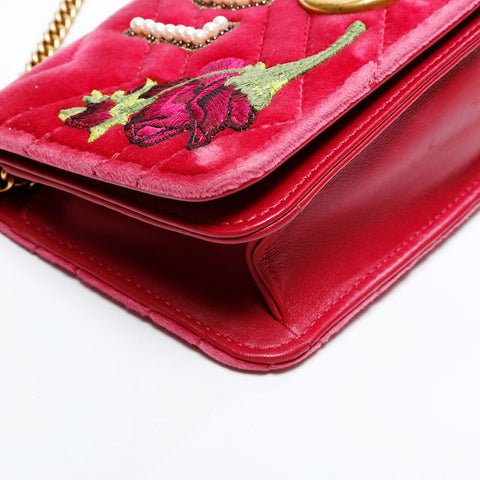 GUCCI Velour GG Marmont Mini Flap Bag with Embroidered Chain Shoulder Bag pink WS21862