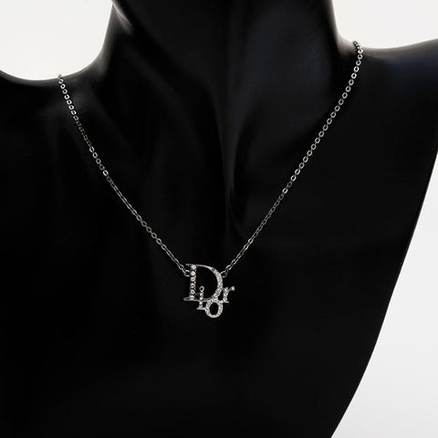 Christian Dior Logo rhinestone Necklace Silver WS21896