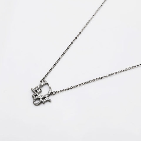 Christian Dior Logo rhinestone Necklace Silver WS21896
