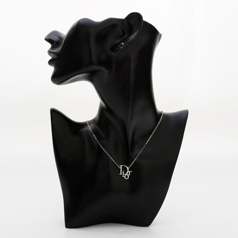 Christian Dior Logo rhinestone Necklace Silver WS21896