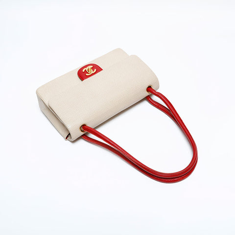 CHANEL No. 6 2000-2002 Leather Perforated Flap Shoulder Bag Ivory Red WS21913