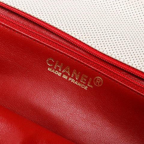 CHANEL No. 6 2000-2002 Leather Perforated Flap Shoulder Bag Ivory Red WS21913