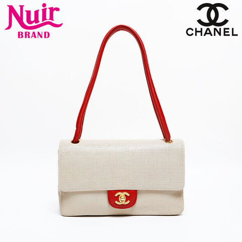 CHANEL No. 6 2000-2002 Leather Perforated Flap Shoulder Bag Ivory Red WS21913