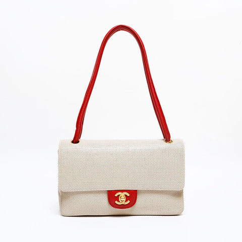 CHANEL No. 6 2000-2002 Leather Perforated Flap Shoulder Bag Ivory Red WS21913