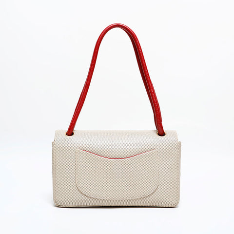CHANEL No. 6 2000-2002 Leather Perforated Flap Shoulder Bag Ivory Red WS21913