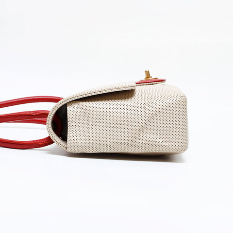 CHANEL No. 6 2000-2002 Leather Perforated Flap Shoulder Bag Ivory Red WS21913