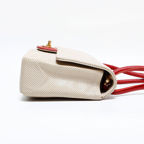 CHANEL No. 6 2000-2002 Leather Perforated Flap Shoulder Bag Ivory Red WS21913