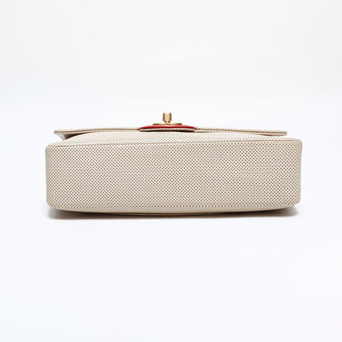 CHANEL No. 6 2000-2002 Leather Perforated Flap Shoulder Bag Ivory Red WS21913