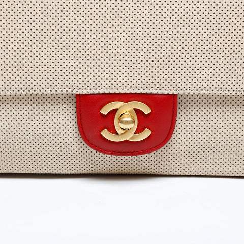 CHANEL No. 6 2000-2002 Leather Perforated Flap Shoulder Bag Ivory Red WS21913