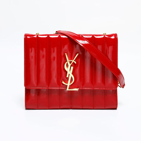YVES SAINT LAURENT Patent Leather Vicky Small Chain Shoulder Bag Red WS21926