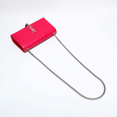 YVES SAINT LAURENT Kate Embossed Leather Silver Tassel Chain Shoulder Bag pink WS21927