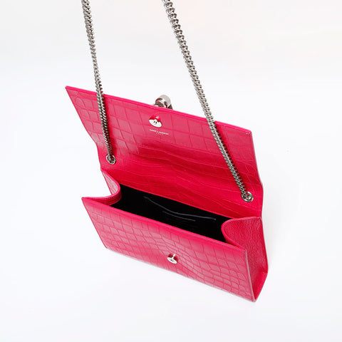 YVES SAINT LAURENT Kate Embossed Leather Silver Tassel Chain Shoulder Bag pink WS21927