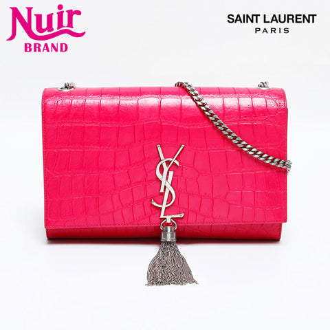 YVES SAINT LAURENT Kate Embossed Leather Silver Tassel Chain Shoulder Bag pink WS21927