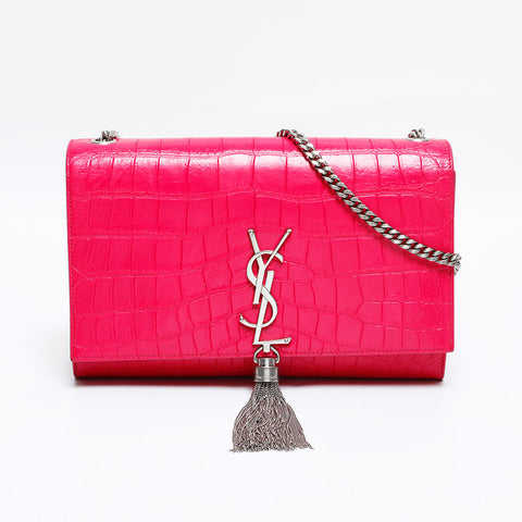 YVES SAINT LAURENT Kate Embossed Leather Silver Tassel Chain Shoulder Bag pink WS21927