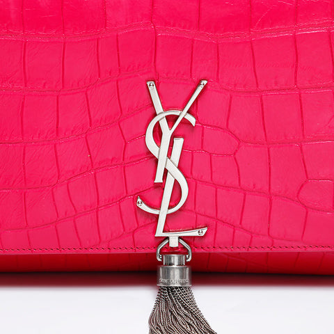 YVES SAINT LAURENT Kate Embossed Leather Silver Tassel Chain Shoulder Bag pink WS21927