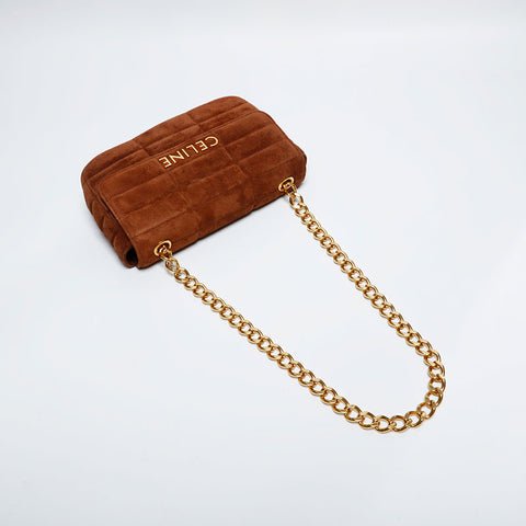 CELINE Suede Logo Chain Quilting Shoulder Bag Brown WS21936