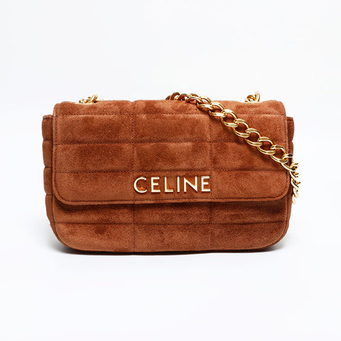 CELINE Suede Logo Chain Quilting Shoulder Bag Brown WS21936