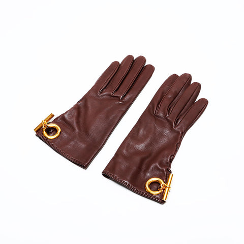 HERMES Lambskin Size:6 1/2 Leather gloves Brown WS21978