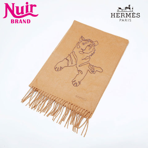 HERMES cashmere tiger Scarf beige WS21984