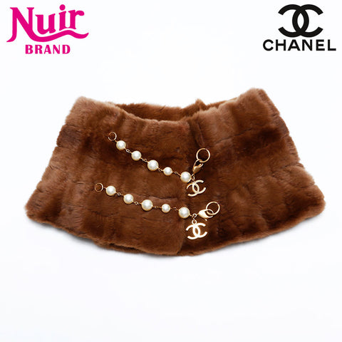 CHANEL Tippet Fur Pearl COCO Mark Collar Scarf Brown WS21988