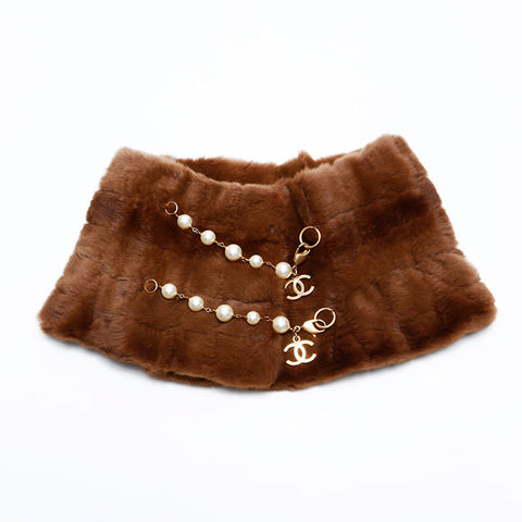 CHANEL Tippet Fur Pearl COCO Mark Collar Scarf Brown WS21988