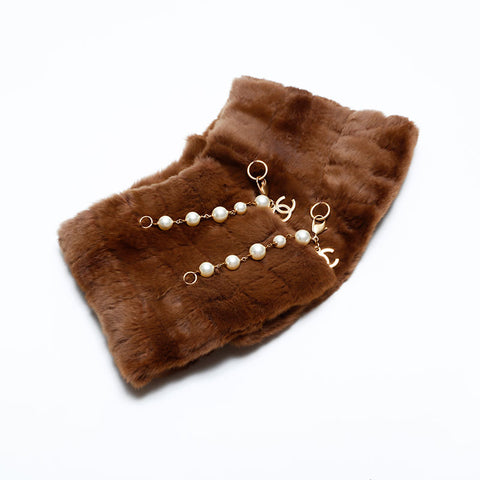 CHANEL Tippet Fur Pearl COCO Mark Collar Scarf Brown WS21988
