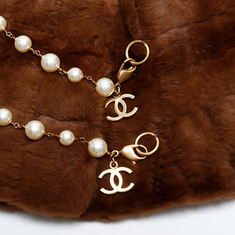CHANEL Tippet Fur Pearl COCO Mark Collar Scarf Brown WS21988