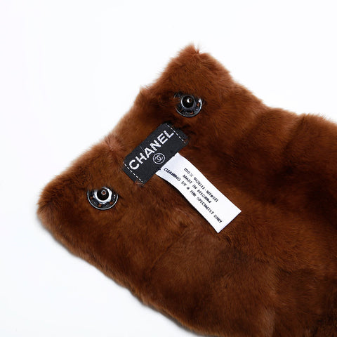 CHANEL Tippet Fur Pearl COCO Mark Collar Scarf Brown WS21988