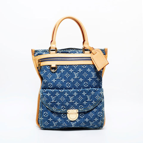 LOUIS VUITTON 2005 Monogram Denim Flat Shopper Handbag Navy WS22007