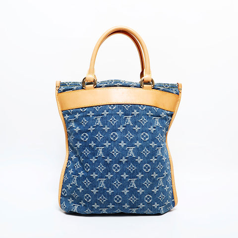 LOUIS VUITTON 2005 Monogram Denim Flat Shopper Handbag Navy WS22007