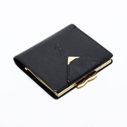 極美品 イヴ・サンローラン YVES SAINT LAURENT レザー ロゴ 二つ折り財布 ブラック WS22012