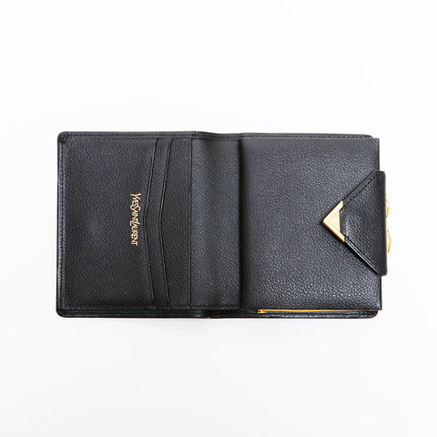 極美品 イヴ・サンローラン YVES SAINT LAURENT レザー ロゴ 二つ折り財布 ブラック WS22012