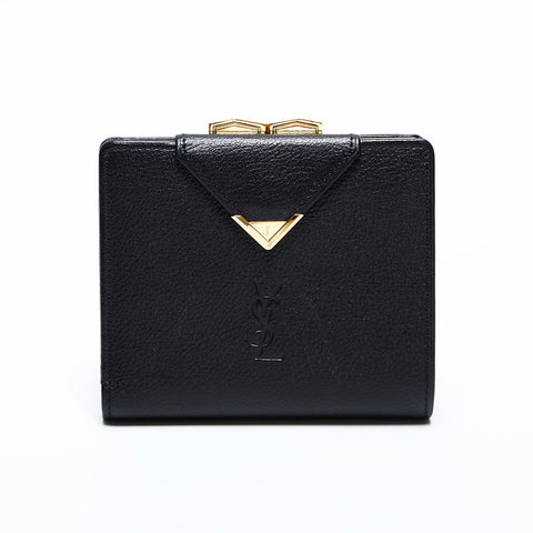 極美品 イヴ・サンローラン YVES SAINT LAURENT レザー ロゴ 二つ折り財布 ブラック WS22012