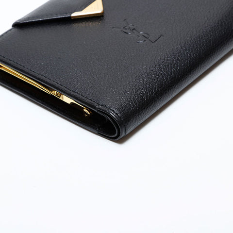 極美品 イヴ・サンローラン YVES SAINT LAURENT レザー ロゴ 二つ折り財布 ブラック WS22012
