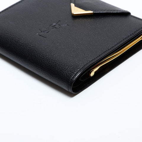 極美品 イヴ・サンローラン YVES SAINT LAURENT レザー ロゴ 二つ折り財布 ブラック WS22012