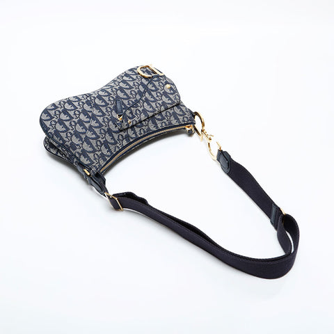 美品 クリスチャンディオール Christian Dior キャンバス トロッター サドル ショルダーバッグ ネイビー WS22016
