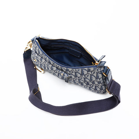 美品 クリスチャンディオール Christian Dior キャンバス トロッター サドル ショルダーバッグ ネイビー WS22016