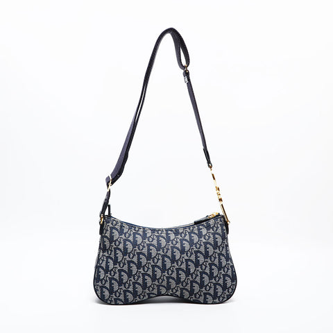 美品 クリスチャンディオール Christian Dior キャンバス トロッター サドル ショルダーバッグ ネイビー WS22016